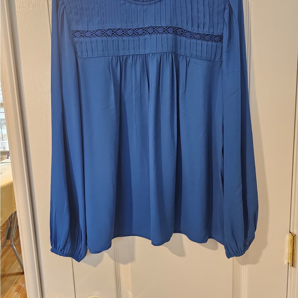 Ann Taylor Blue Long Sleeve Pleated Yoke Blouse